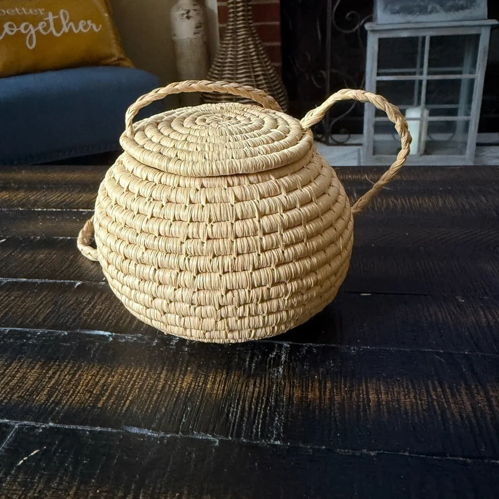 Baskets Round Pair Woven Lid Long Straps & added 3 more! (5 total)